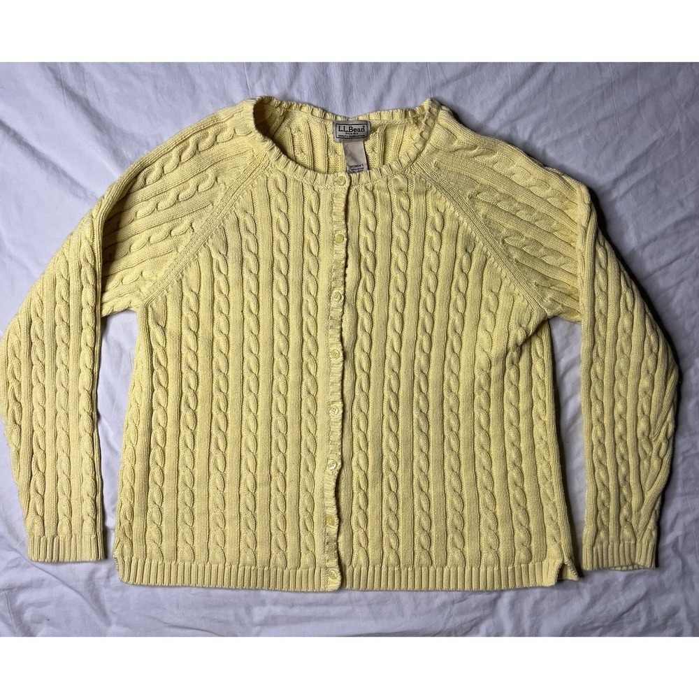 LL Bean Cardigan Sweater Women's XL Yellow Cable Knit 100% Cotton O BUG5